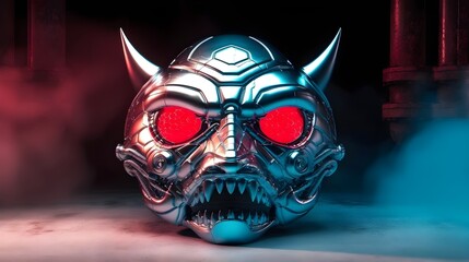 Naklejka premium Cyberpunk Chrome Oni Mask with Glowing Red Eyes – Detailed Sci-Fi Digital Illustration