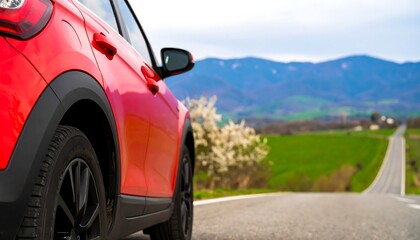 Red SUV on a scenic road