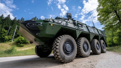 Fototapeta premium Modern armored vehicle with multiple wheels, in green and black colors, in the background there is an asphalt road surrounded by trees,