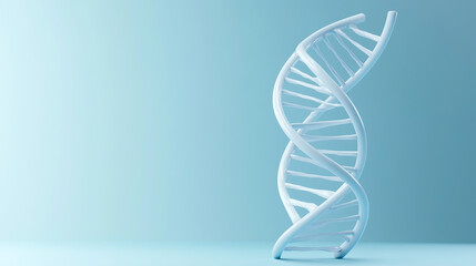 Minimal 3D render of a white DNA double helix structure on a soft blue gradient background, scientific and medical concept with copy space