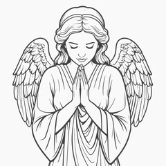 Angel praying with wings outstretched draped gown line art