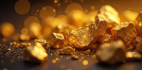 Close-up of shimmering gold nuggets, subtly illuminated, evoking feelings of spiritual enlightenment and inner wealth Perfect for meditation, mindfulness, and self-discovery themes , detail, power