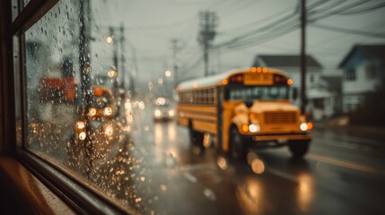 Obraz premium A rainy scene viewed from a window, featuring yellow school buses on a wet road, with blurred lights and reflections enhancing the atmosphere.