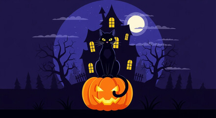 Halloween night background, black cat perched atop a jack-o'-lantern before a spooky Halloween mansion under a full moon.