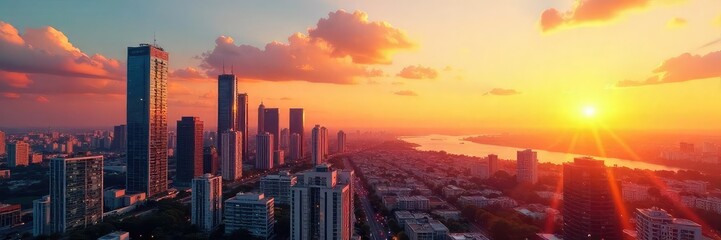 Fototapeta premium A vibrant cityscape bathed in the golden light of a summer sunset, high-rise buildings reaching towards a clear sky Perfect for summer travel, city life, and architecture themes , summer, city, view