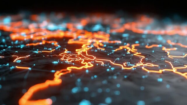 Abstract digital rendering of a network map with glowing orange and cyan lines connecting nodes across a dark, textured surface, creating a sense of depth and connectivity