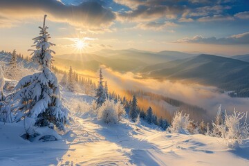 Tief verschneite Winterlandschaft in den Bergen , Winter lands chaft, Sonnenuntergang in den verschneiten Alpen