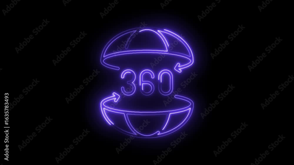 Poster glowing neon 360 degrees icon with arrows rotating around a sphere symbolizing virtual reality augme