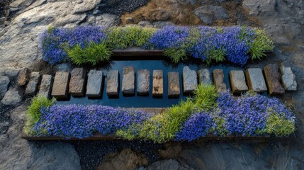 Diagonal view of a rain garden with stones and colorful flowers