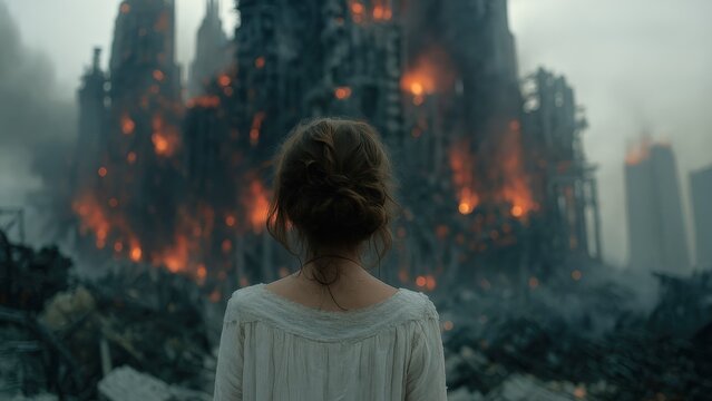 Exploring the aftermath of destruction with a lone figure in a burning city