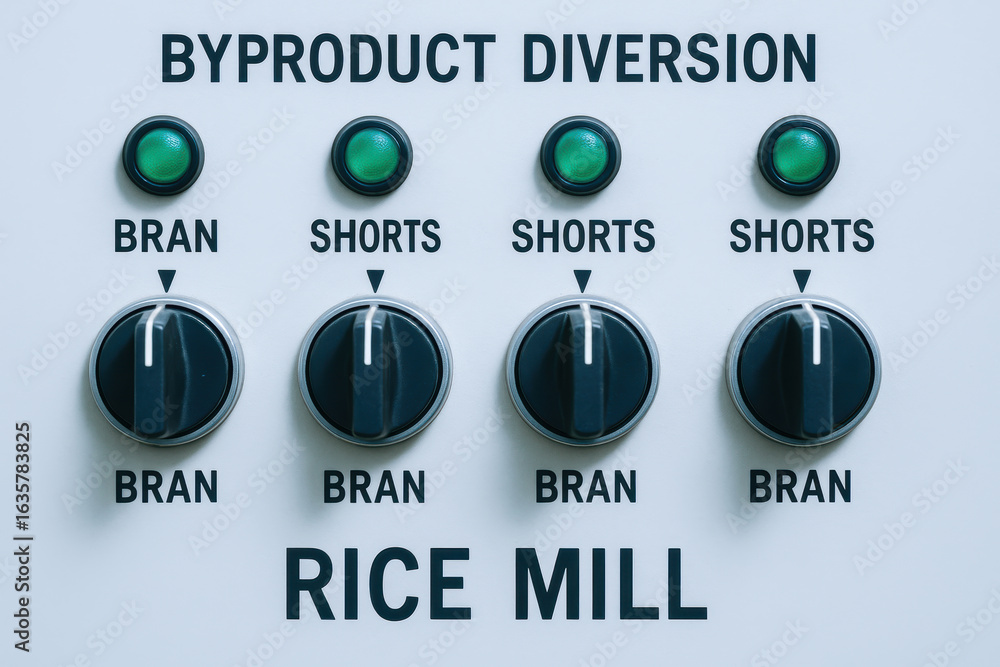 Poster byproduct diversion control panel with switches and indicator lights for rice mill production proces