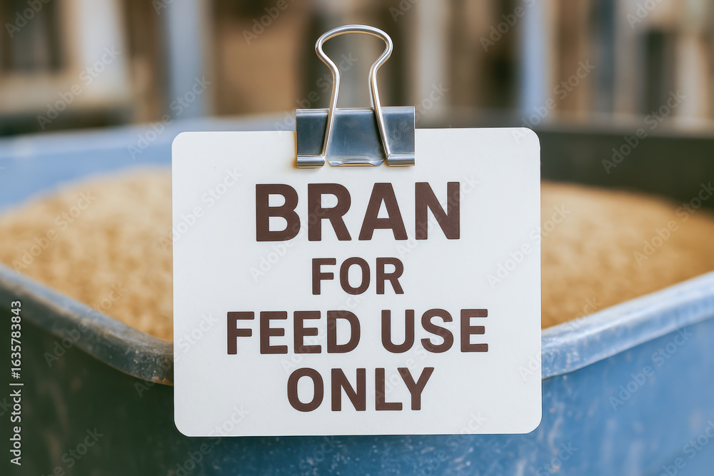 Poster bran for feed use only sign attached to clip on container with rice mill production byproduct in bac