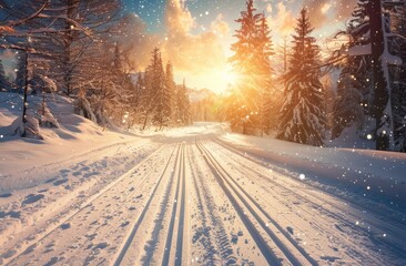 Obraz premium winter road covered with snow on sunny day, winter road in the forest, A winter road unfolds like a tranquil pathway, where silent snow blankets the landscape in serene white beauty