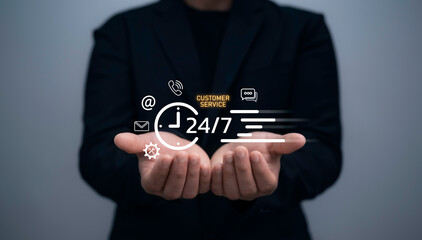 Businessman offering 24/7 customer service support icon with communication technology symbols, representing nonstop assistance and client care in a modern digital environment