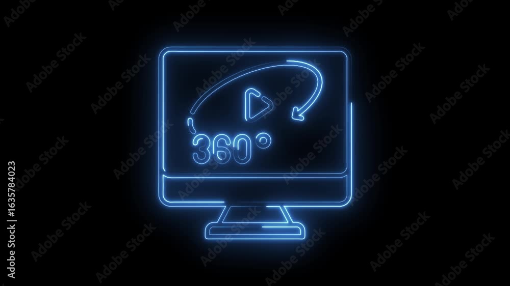 Poster glowing blue neon 360 degree virtual reality icon with play button on computer screen isolated on bl