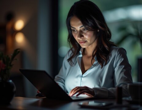 Serious Hispanic executive woman using business application on tablet for project management working on Internet marketing strategy typing on screen browsing social media on digital gadget captur