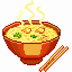 Fototapeta premium a hot bowl of pixel art ramen, complete with steam rising from the broth, noodles, and a pair of chopsticks, in a charmingly nostalgic style.