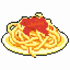 Obraz premium a classic pixel art illustration of a plate of spaghetti with a generous dollop of rich red sauce on top, in a charmingly retro, digital style.
