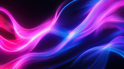 Fototapeta premium Vivid neon pink and blue wave lines in abstract digital flow on dark background