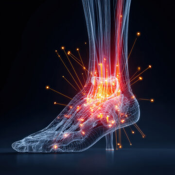 Digital illustration of foot with glowing, swollen ankle, highlighting pain and inflammation. image uses bright colors to emphasize affected area, conveying discomfort