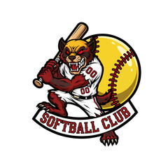 Aggressive Softball Logo Cartoon Design With a Fierce Mascot Holding a Bat, Outlined in Black