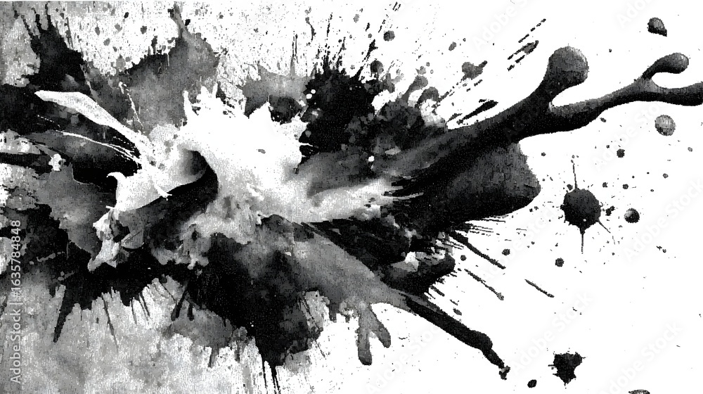 Poster an abstract grungy and expressive illust n featuring a dynamic composition of ink splatters brushstr
