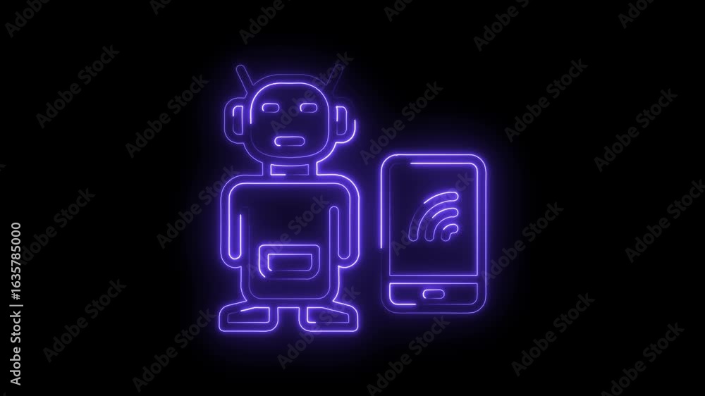 Poster glowing neon robot icon with wifi symbol on smartphone isolated on black background futuristic techn