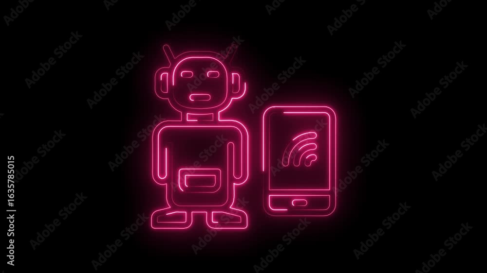 Aufkleber glowing neon robot icon with smartphone displaying wifi signal on transparent black background futur