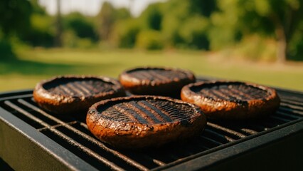 Grilled Portobello mushrooms sizzling on a barbecue in a sunny outdoor setting
