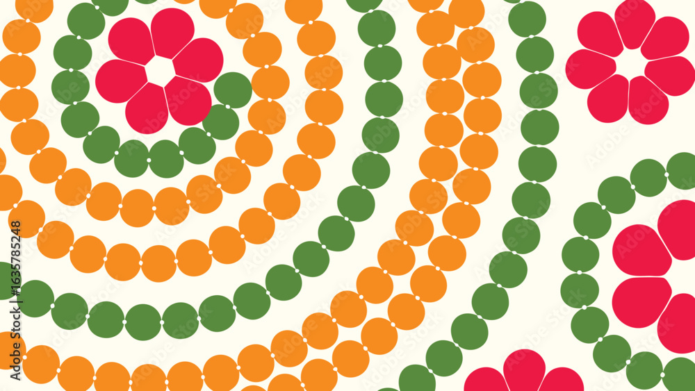 Poster circular pattern with orange and green dots and red flower shapes on a cream colored background