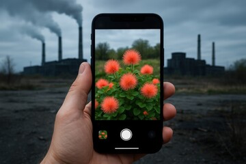 Vivid flowers contrast with industrial landscape in urban setting