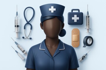 Enhanced medical silhouette highlighting healthcare tools and a nurse figure