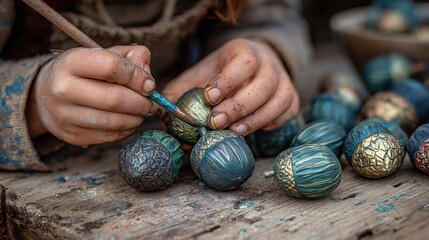 Child's hands craft and paint clay acorn ornaments in vibrant colors outdoors
