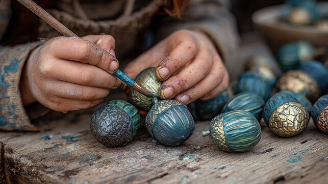 Child's hands craft and paint clay acorn ornaments in vibrant colors outdoors - Powered by Adobe