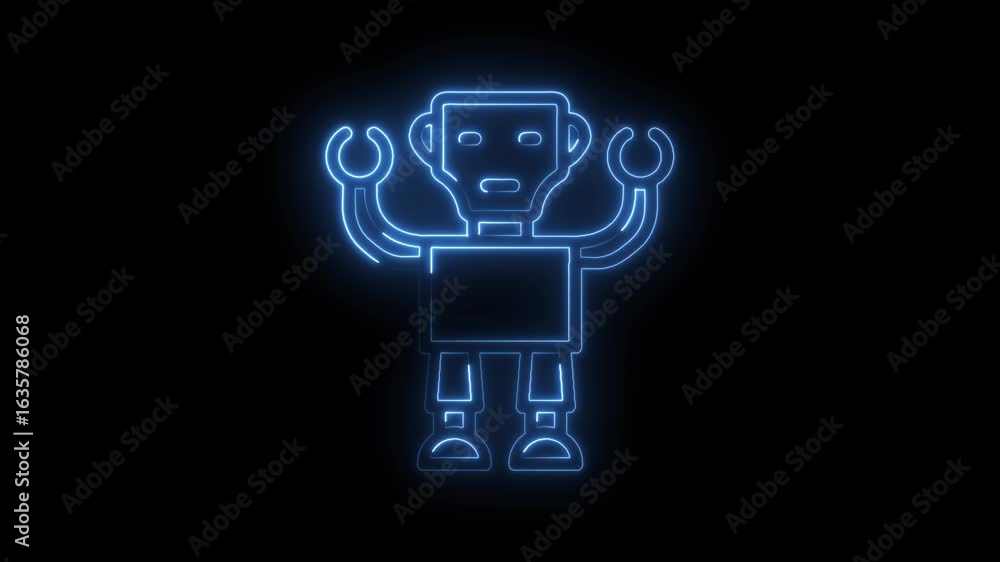 Poster glowing blue neon robot icon with raised arms and open hands on a black background symbolizing artif