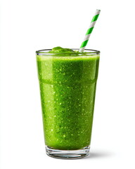 glass of green detox smoothie with straw, healthy beverage isolated on white