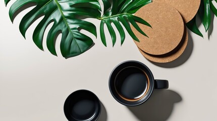 Black coffee mug, green leaf, and cork coasters — a visual metaphor for morning ritual and natural balance