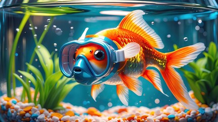 Goldfish wearing swimming goggles — a humorous portrait of an underwater champion
