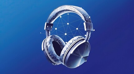 Headphones on a blue background with digital lines — a visual metaphor for sound and connectivity