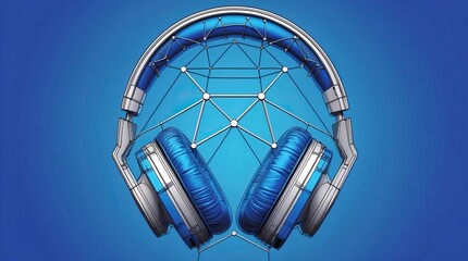 Headphones on a blue background with digital lines — a visual metaphor for sound and connectivity