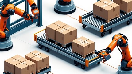 Robotic arms and conveyors in a warehouse — a visual metaphor for automation and future logistics
