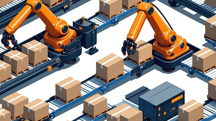 Robotic arms and conveyors in a warehouse — a visual metaphor for automation and future logistics