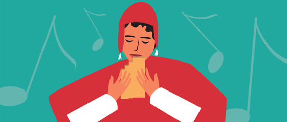 BIPOC musician as a concept of local music festival, flat vector stock illustration with traditional south american people