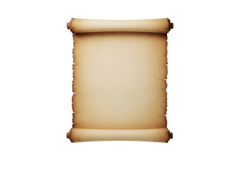 Old, blank, textured parchment scroll with irregular torn edges and subtly rolled corners, floating on a transparent background with copy space, no shadows, slightly high angle shot, concept of