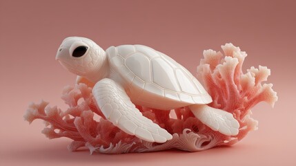 Sleek 3D sea-turtle hatchling moving toward wave shape on coral-pink background