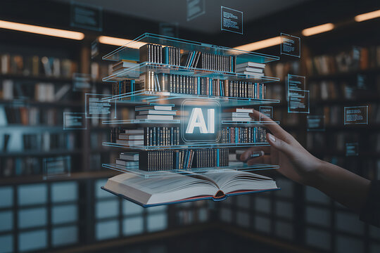 Human hand interacts with glowing ai hologram emerging from an open book in a library setting symbolizing knowledge and technology