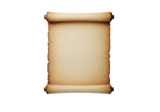 Old, blank, textured parchment scroll with irregular torn edges and subtly rolled corners, floating on a transparent background with copy space, no shadows, slightly high angle shot, concept of