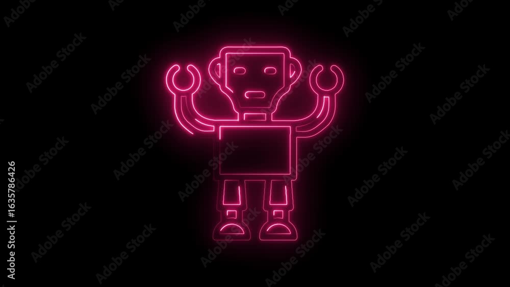 Poster glowing neon robot icon with outstretched arms on a transparent black background symbolizing artific