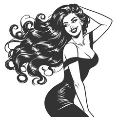 pin-up girl with wavy hair and a confident smile sketch engraving generative ai fictional character vector illustration. Scratch board imitation. Black and white image.