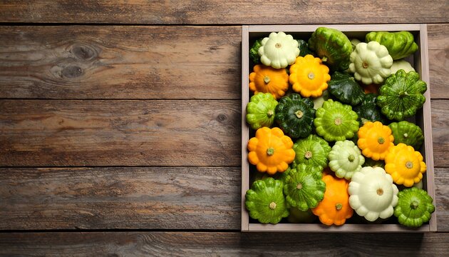 Colorful patty pan squash in a wooden crate